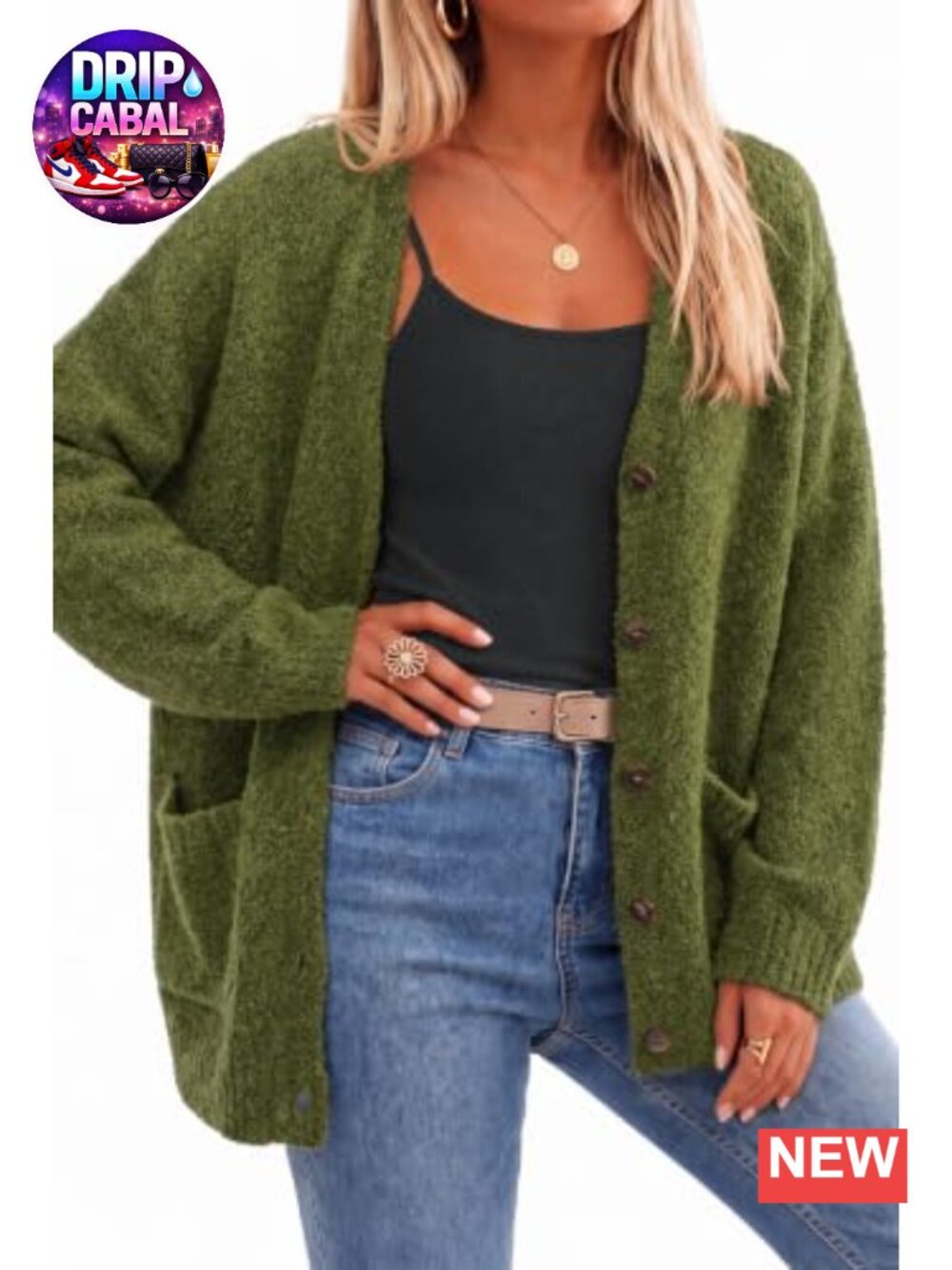 Wool Blend Oversized Chunky Cardigan V-Neck Button Front Pockets